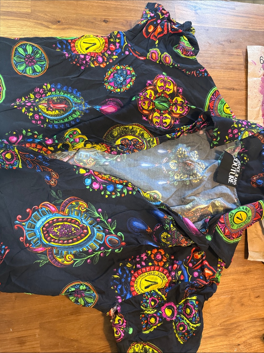 Men's Casual Button-Down Shirt - Black with Bright Multicolor Medallion Print